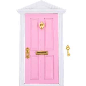 Yardwe Mini Wooden Fairy Door with Spire Design, 1:12 Scale Dollhouse Accessories for Decoration, Pink Door with Key for Christmas, Birthday, Wedding, and Fairy Party