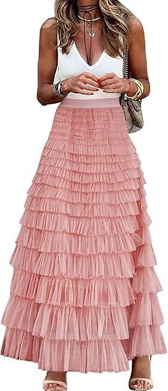 Womens Long Maxi Tulle Skirt A Line Ruffle Mesh High Waisted Tiered Layered Skirts Petticoat M