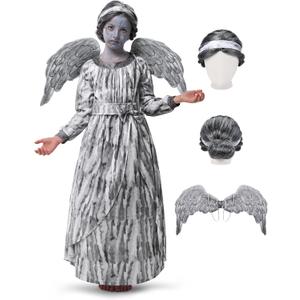 Spooktacular Creations Girls Angel Costume, Kids Halloween Sculpture Statue Pattern Costume, Fallen Angel Dress for Cosplay (Medium(7-8 yrs))
