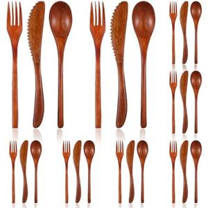 24 Pieces Wooden Utensil Set for Eating, Eco-Friendly Travel Cutlery Set for Camping Cutlery - Includes Wood Forks and Spoons Knife for Forking the Steak and Scooping the Soup