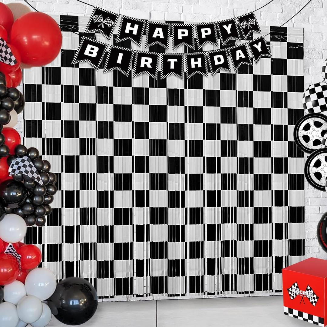 Race Car Birthday Party Streamers Backdrops Decorations, 2 Pcs Checkered Black White Foil Fringe Curtain with Racing Banner Photo Booth Props for Racing Cars One Happy Dude Party Decor Supplies (6.6 x 6.6 ft (2 Pack))