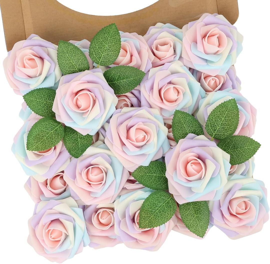 N&T NIETING Artificial Flowers, 25Pcs Fake Flowers Roses Perfect for DIY Wedding Bouquets Centerpieces Bridal Shower Party Home Flower Arrangement Decorations, Rainbow Color