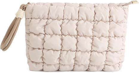 DOB SECHS Puffer Quilted Makeup Bag with Handle, Cute Puffy Cotton Cosmetic Bags for Women, Small Checkered Toiletry Zipper Pouch, Travel Essentials Storage Organizer Clutch Pouches Pencil Case, Khaki