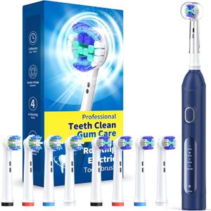 TEETHEORY Rotating Electric Toothbrush for Adults with 8 Brush Heads (2 Types), 4 Modes Deep Clean Electric Toothbrush with Rechargeable Power and 2 Min Smart Timer (4-Dark Blue, p1)