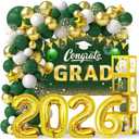 Graduation Balloon Garland Arch Kit Different Sizes 5 12 18In Green Gold Balloons for Graduation Party Decorations with Silver 2026 Number Foil Balloon & Graduations Backdrop and GRAD Balloons Box