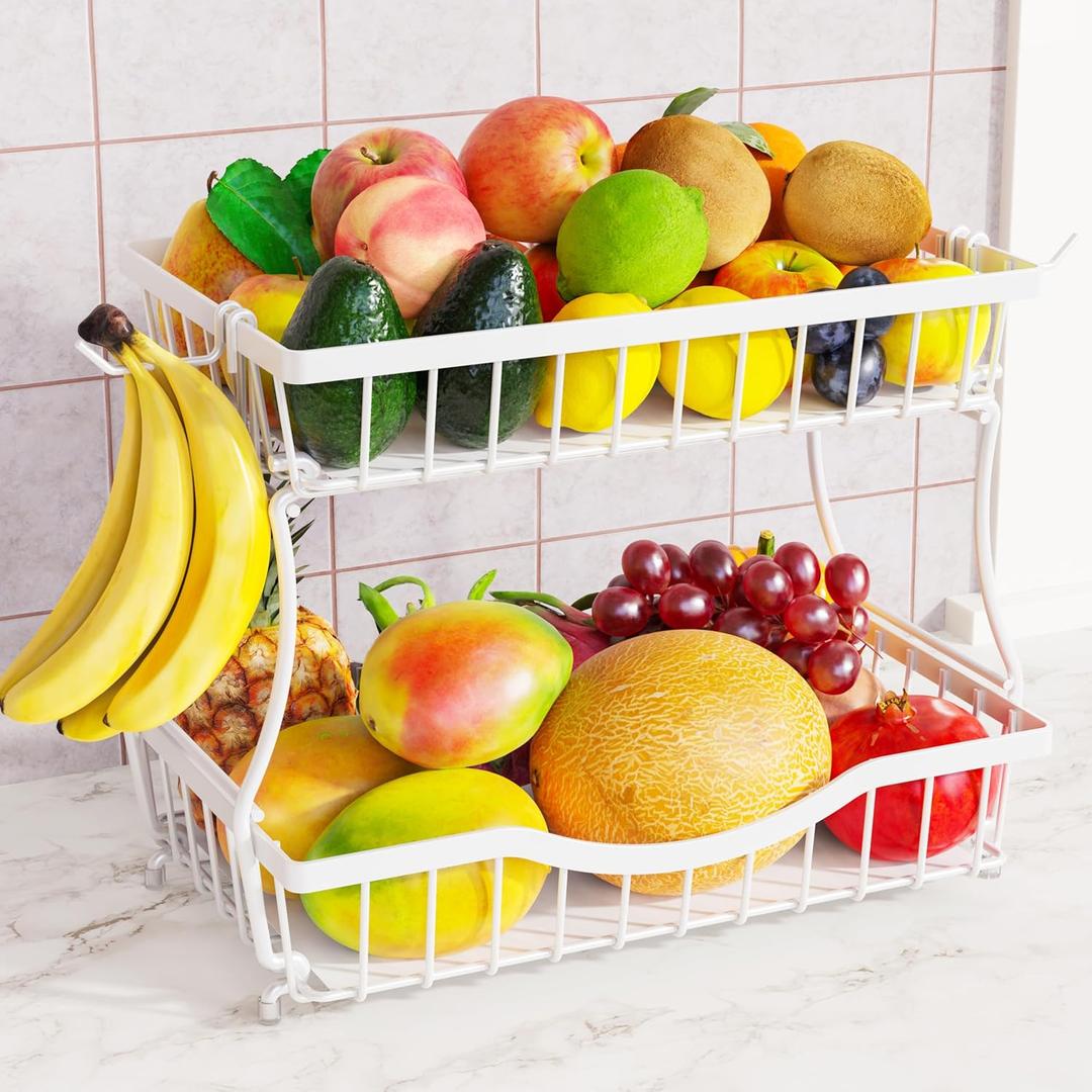 White 2 Tier Large Fruit Basket for Kitchen Counter with 2 Banana Hangers, Metal Fruit Bowl for Onion Vegetable Bread Snack, Countertop Organizer  14.5" W x 9.5" D