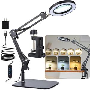 LED Magnifier Desk Lamp with Stand and Clamp, 3 Color Modes & Stepless Dimming 5-Diopter Glass Lens, Adjustable Swivel Arm - Magnifying lamp for Close Work, Repair, Crafts, Reading