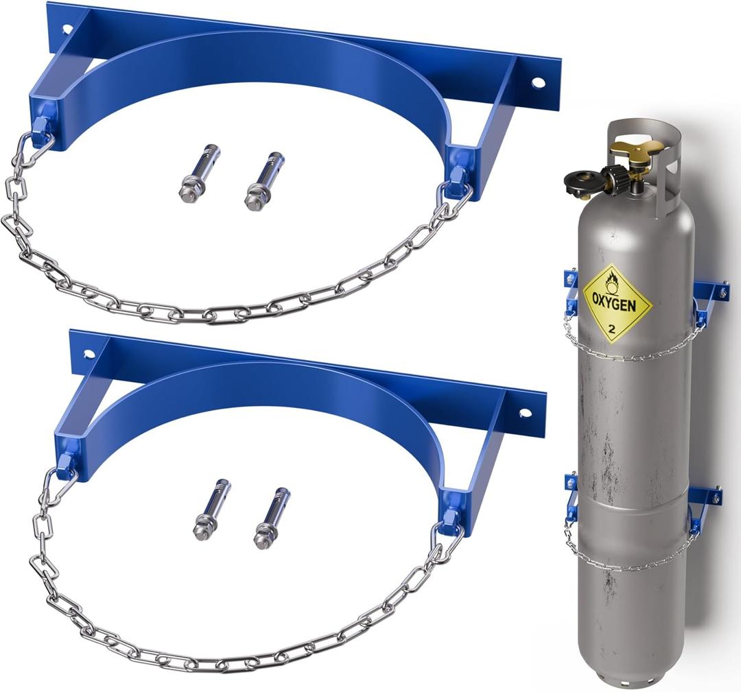 2 Pack Gas Cylinder Wall-Mounted Bracket,Blue Gas Cylinder Fixed Rack,Gas Cylinder Floor Mount Storage Stand,Durable Quality Gas Cylinder Holder with Screws and Safety Chain Supported