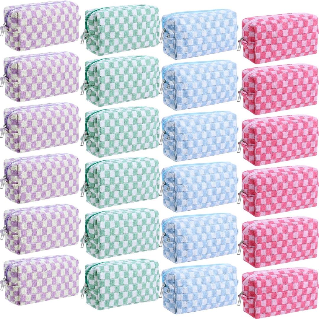 Giesiery 8 Pcs Checkered Makeup Bag Bulk Cosmetic Organizer for Women & Teens Preppy Travel Toiletry Pouch for Skincare & Brushes Bridesmaid Proposal Gifts (24, Pastel Color)