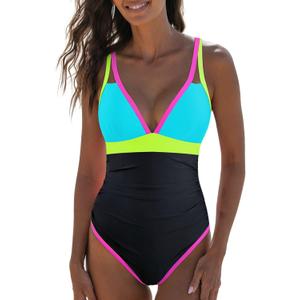 popvil Women's One Piece 2025 Tummy Control Swimsuits Neon Color Block Swimwear Deep V Neck Slimming Bathing Suit Large