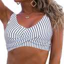 Fanuerg Women's Twist Front Bikini Top V Neck Push Up Padded Swimsuit Top Bathing Suits (Large, 01- Black Stripe)