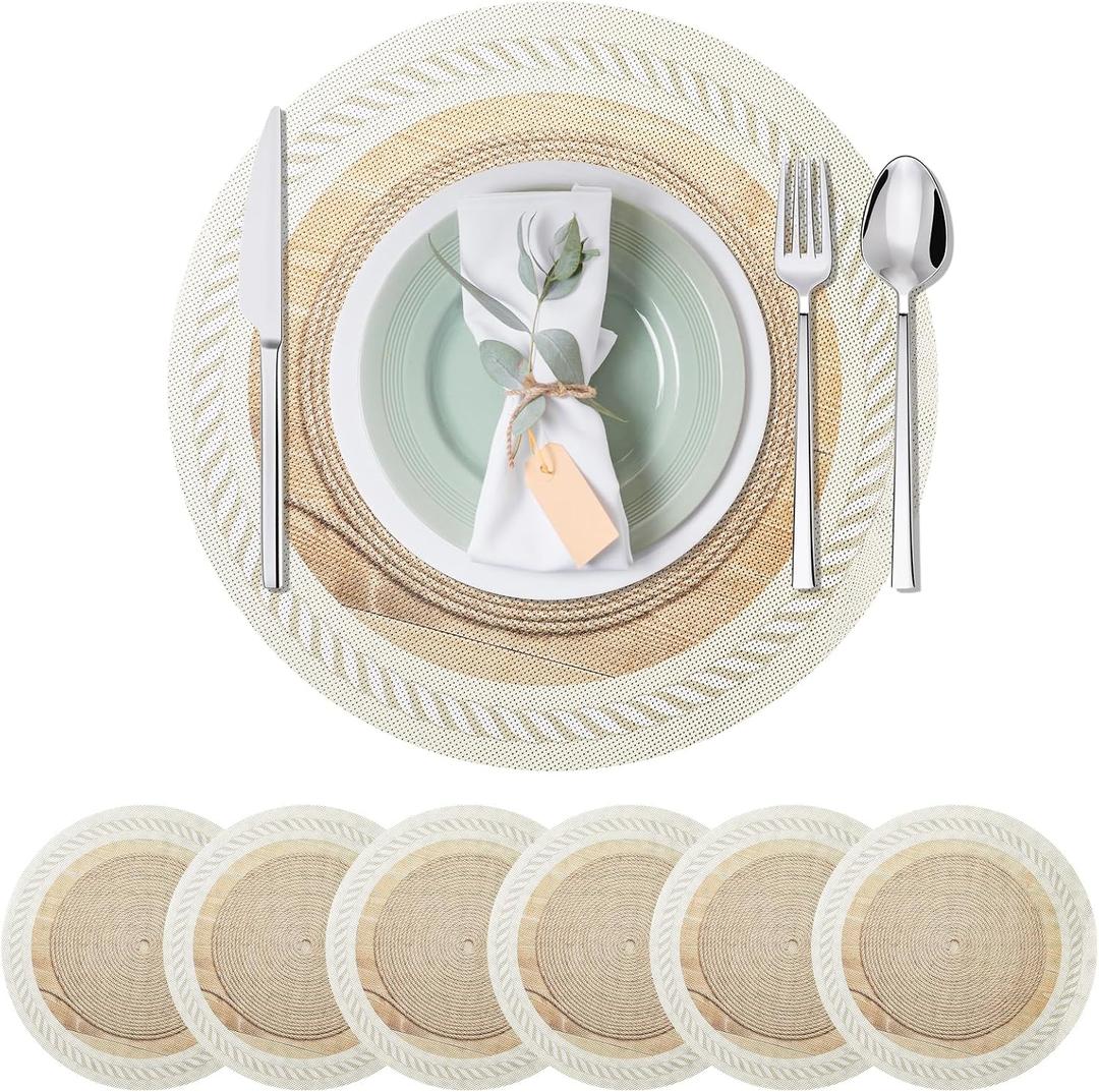 15 Inch Placemats Set of 6,Lace PVC Vinyl Round Place Mats,Non-Slip Waterproof Table Mats,Durable Washable Wipeable Placemats for Kitchen Dining Party Decor(6, Twisted Rope Braiding)