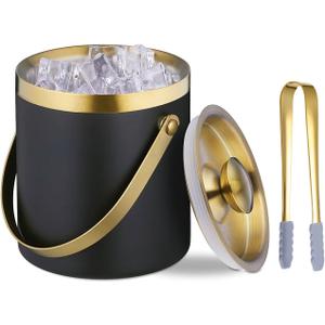 Ice Bucket with Lid, Handle and Tong Black Gold Insulated Stainless Steel Champagne Bucket 2L Wine Bucket for Party Bar Cart Accessories Large Double Wall Bucket Keep Frozen