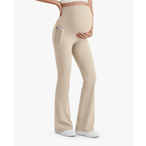 G4Free BareFeel Maternity Flare Leggings with Pockets Over The Belly Stretchy Casual Lounge Pregnancy Dress Pants for Work, M
