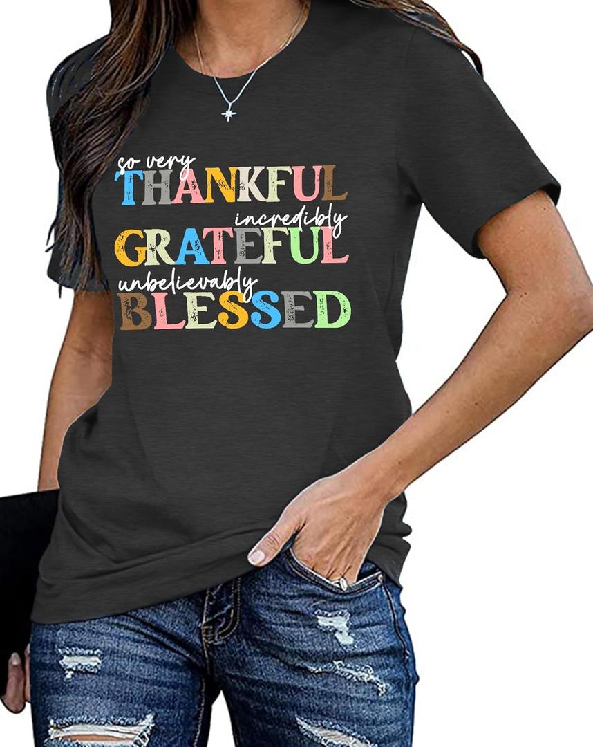 Thanksgiving Shirt for Women Fall Pumpkin Bow T-Shirt Funny Thankful Blessed Tee Tops (L)