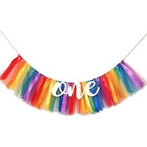 Rainbow High Chair Banner Highchair Tutu Skirt Banner First Birthday Baby Shower Hanging Decor Party Decorations, 1 PC