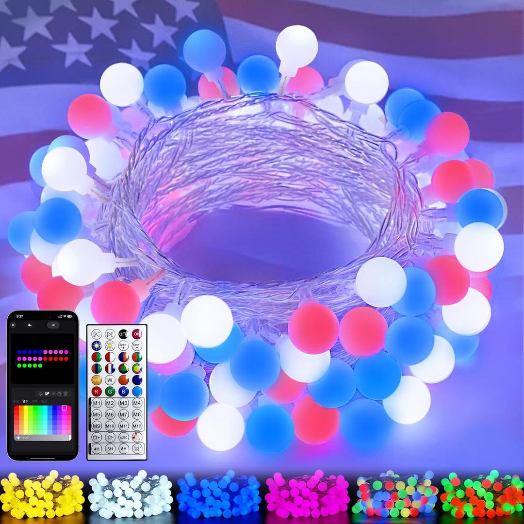 46ft Smart Color Changing Red White and Blue String Lights Outdoor Indoor | 100LED 4th of July Decorations App Control with Remote, Globe Patriotic American Flag Lights for Independence Memorial Day