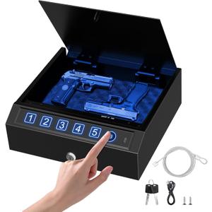 Biometric Gun Safe for Handgun 3-Ways unlock Fingerprint Digital PIN Key Unlock Pistol Safe with Security Cable Gun Lock Box With Interior Light For Nightstand Car & Home Security Wall safe