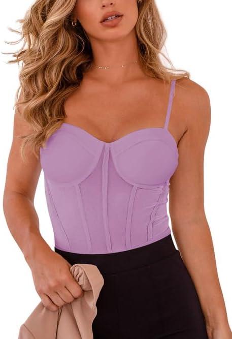 REORIA Women's Trendy Sexy Mesh Sheer Spaghetti Strap Going Out Slimming Bustier Corset Bodysuit With Built In Bra (Large, Violet)