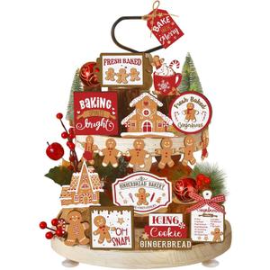 17 Pcs Christmas Tiered Tray Decor Set Gingerbread Man Christmas Tiered Tray Decoration Gingerbread House Wooden Sign Winter Farmhouse Home Decoration for Rustic Home Shelf Table Centerpiece