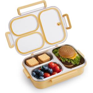 Kabbas Stainless Steel Bento Box Kids & Adults - 25 Oz Metal Lunch Box with 3 Compartments, Premium 304 Stainless Steel Lunch Box for Kids, Dishwasher Safe, Suitable for School, Office, Outside (Yellow)