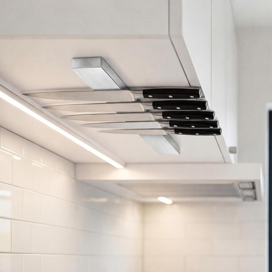 Under Cabinet Knife Holder 11.8 Inch Stainless Steel Magnetic Knife Holder Strip Space Saving Heavy Duty Metal Rack for Kitchen Organizer Garage Tools Supplies