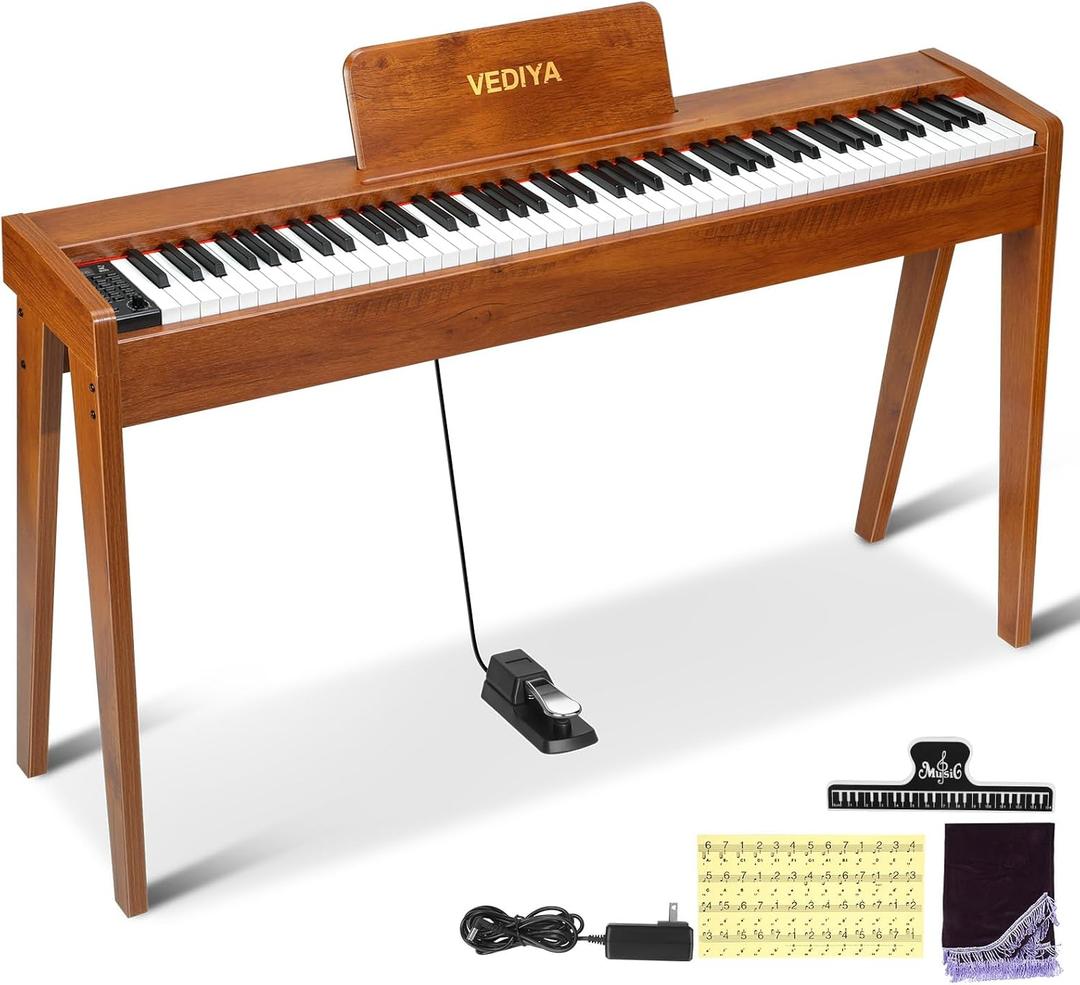 Digital Piano 88 Keys Semi-Weighted Full Size Keyboard for Beginners, Electric Piano with MIDI, Pedal, Keyboard Piano 800 Tones, 600 Rhythms, Dual Speakers, Recording Function (Brown)