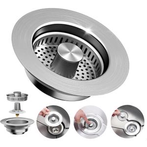 3-in-1 Kitchen Sink Drain Strainer - Pop Up Sink Stopper, Stainless Steel Sink Drain Strainer, Kitchen Sink Stopper & Drain Plug with Anti-Clogging Basket,Sink Strainer Fits US Standard 3-1/2'' Drains