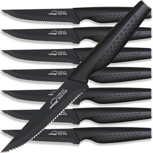 Amorston Steak Knives, Steak Knives Set of 8, Stainless Steel Steak Knife Set, Serrated Knives Dishwasher Safe, Elegant Black