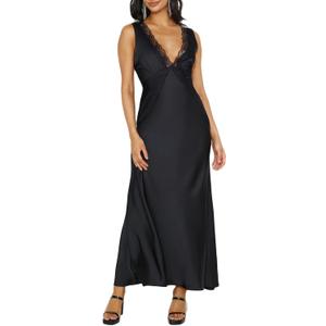 BAGONE Summer Satin Lace V Neck Backless Wedding Guest Maxi Dresses for Women Elegant Sleeveless Open Back Cocktail Dress (Black, M)