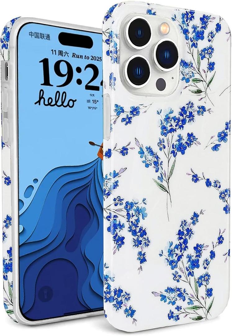 J.west Floral Compatible with iPhone 16 Pro Case 6.3", Soft TPU Flower Pattern Design, Shockproof Bumper for Women & Girls Blue