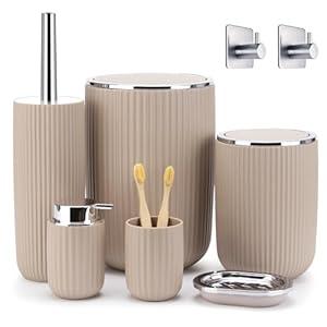Boperzi Bathroom Accessory Set 8 PC: Bathroom Accessories Set with Trash Can, Lotion Dispenser, Soap Dish, Toothbrush Cup, Toilet Brush, Adhesive Hooks - Bathroom Decor Kit, Beige Bathroom Set Complete Boperzi Bathroom Accessory Set 8 PC: Bathroom Accessories Set with Trash Can, Lotion Dispenser, Soap Dish, Toothbrush Cup, Toilet Brush, Adhesive Hooks - Bathroom Decor Kit, Beige Bathroom Set Complete