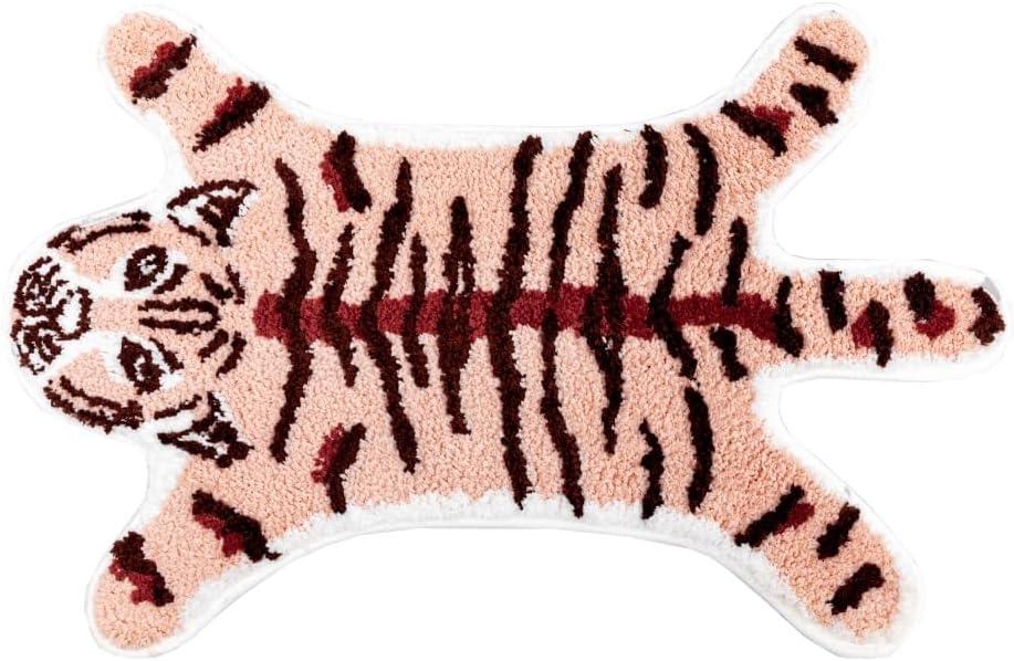 Pink Tiger Bath Mat for Bathroom, Cute Tiger Cartoon Bathroom Rug for Kids Non Slip Animal Shaped Bathtub Mat Absorbent Plush Shower Rugs Carpet Decor Washable