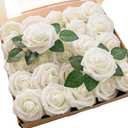Artificial Flowers 25pcs Real Looking Ivory Foam Fake Roses with Stems for DIY Wedding Bouquets White Bridal Shower Centerpieces Arrangements Party Tables Decorations