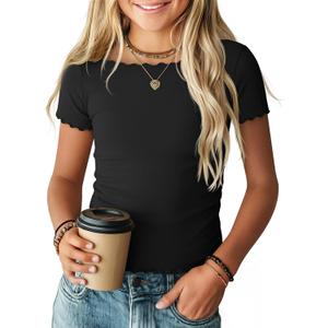 Girls Short Sleeve Shirts Lettuce Trim Boat Neck Tops Summer Casual Tee Basic Cute T-Shirts (Black,13-14 Years) (