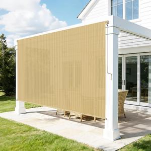 Outdoor Roller Shades for Patio, 8' W x 8' H Cordless Patio Shades Roll Up Outdoor Blinds with Splicing Design, 90% UV Protection for Porch Gazebo Pergola, 2 Poles & 1 Fabric, Sesame