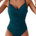 B2prity One Piece Swimsuit Tummy Control Criss Cross Bathing Suit Slimming Ruched Swim Suit Push Up V Neck Swimwear (X-Large, Peacock Green)