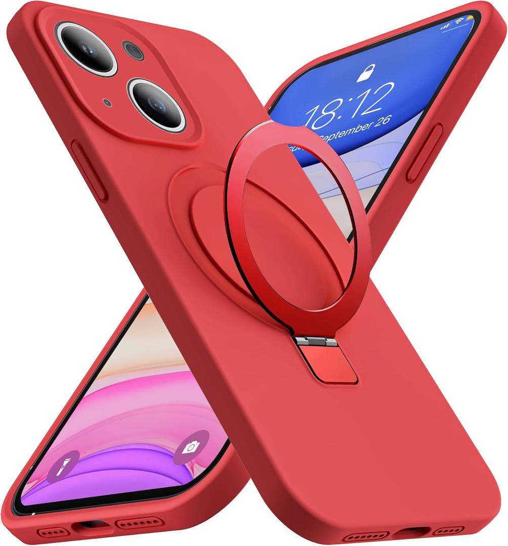 SKYLMW Designed for iPhone 14 Case with Magnetic Invisible Stand Compatible with Mag-Safe Military Drop Tested Shockproof Silicone Phone Cases for Women Men 6.1", Red