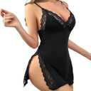 CRIPOM Babydoll Lingerie for Women Sexy Nightgowns Lace Chemise Cute Sleepwear Cami Nightie Modal with Side Slits  (Black, XXL)