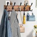 Kuhome Coat Rack Wall Mount Wooden Hat Rack for Wall Hooks Pine Real Wood Plank 16.9" Brown Coat Hanger with 5 Triple Hooks for Hanging Coat Hat Jacket