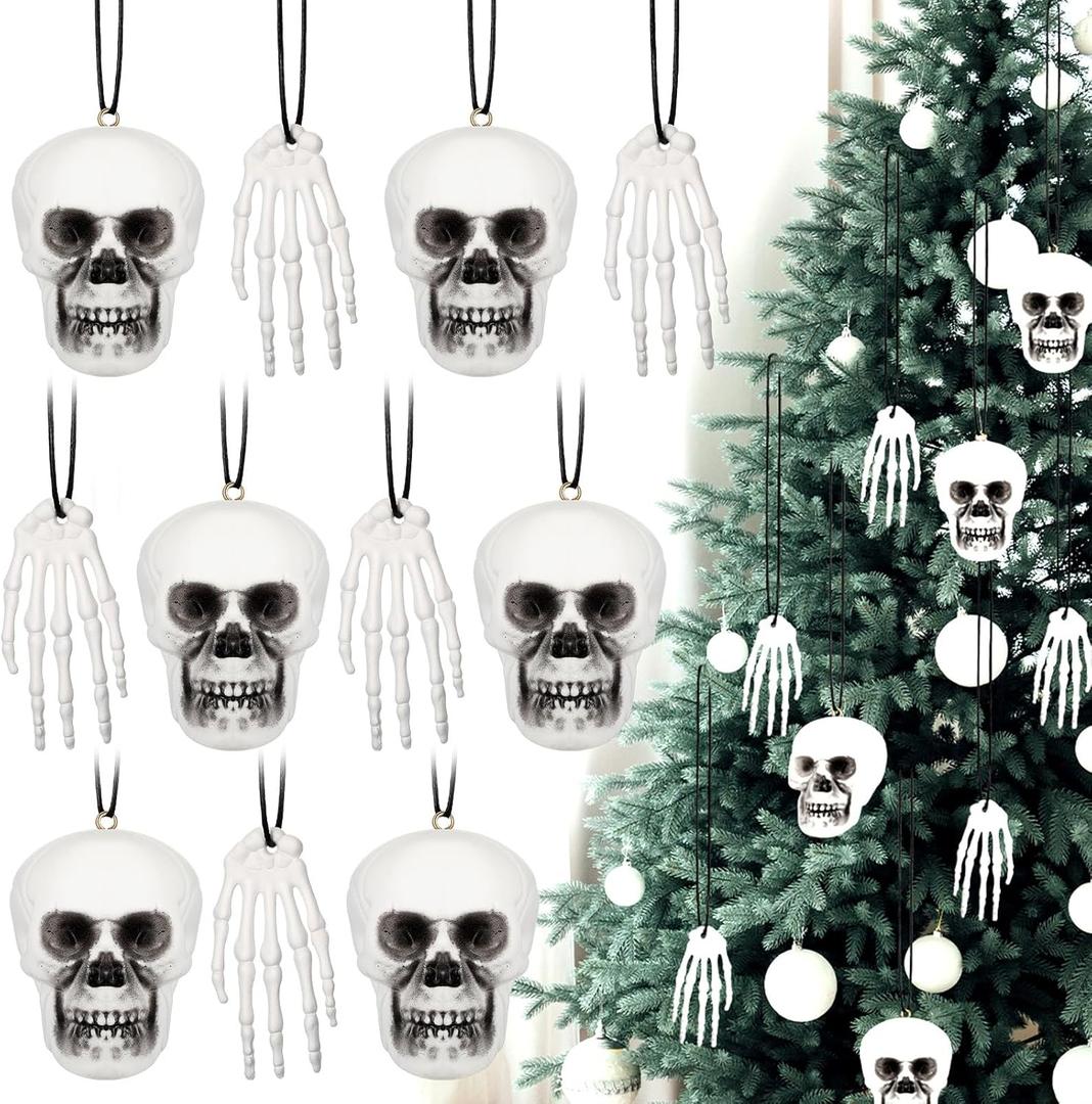 Poen 24 Pcs Mini Horror Christmas Skull Hanging Tree Gothic Ornament Skull Plastic Mini Christmas Small Skeleton Head Decoration Spooky Xmas Hanging Ornament for Xmas Party Supplies