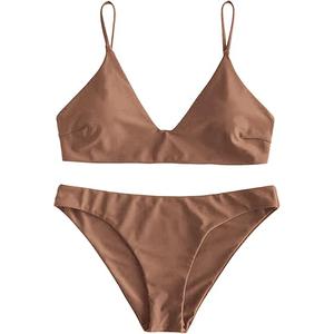 ZAFUL Women's Solid Spaghetti Strap Bralette Bikini Set Two Piece Swimsuit (1-Brown, Medium)
