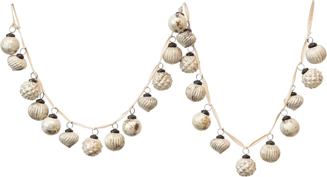 Creative Co-Op Embossed Mercury Glass Ball Ornament Garland, Distressed Matte Cream (72")