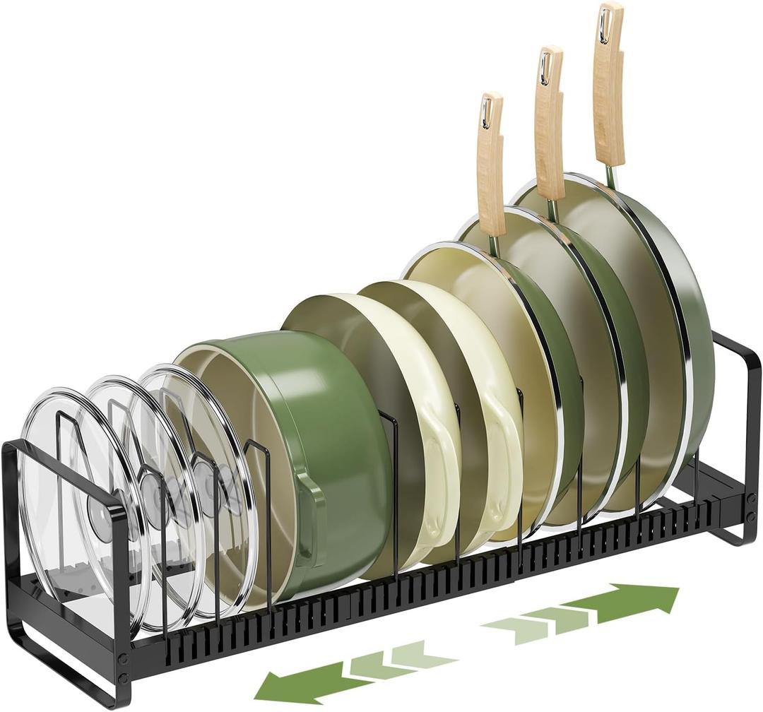 MUDEELA Pot Rack Pan Organizer inside Cabinet - Expandable Pot Lid Organizer for Cabinet with 12 Adjustable Dividers, Cutting Board Organizer Holder Baking Rack Kitchen Cabinet Storage Organization