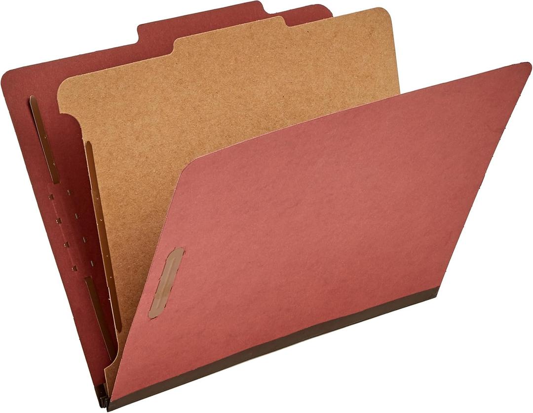 Amazon Basics Classification File Folder, 1 Divider, 2" Embedded Fasteners, Letter Size, 100% Recycled Material, Red, 10 Count
