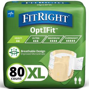 FitRight Adult Diapers, Extra Heavy Absorbency, XL (Waist Size 56in-64in), 80 Count, OptiFit Incontinence Briefs for Men and Women, Disposable, Moisture Wicking, Leak Protection