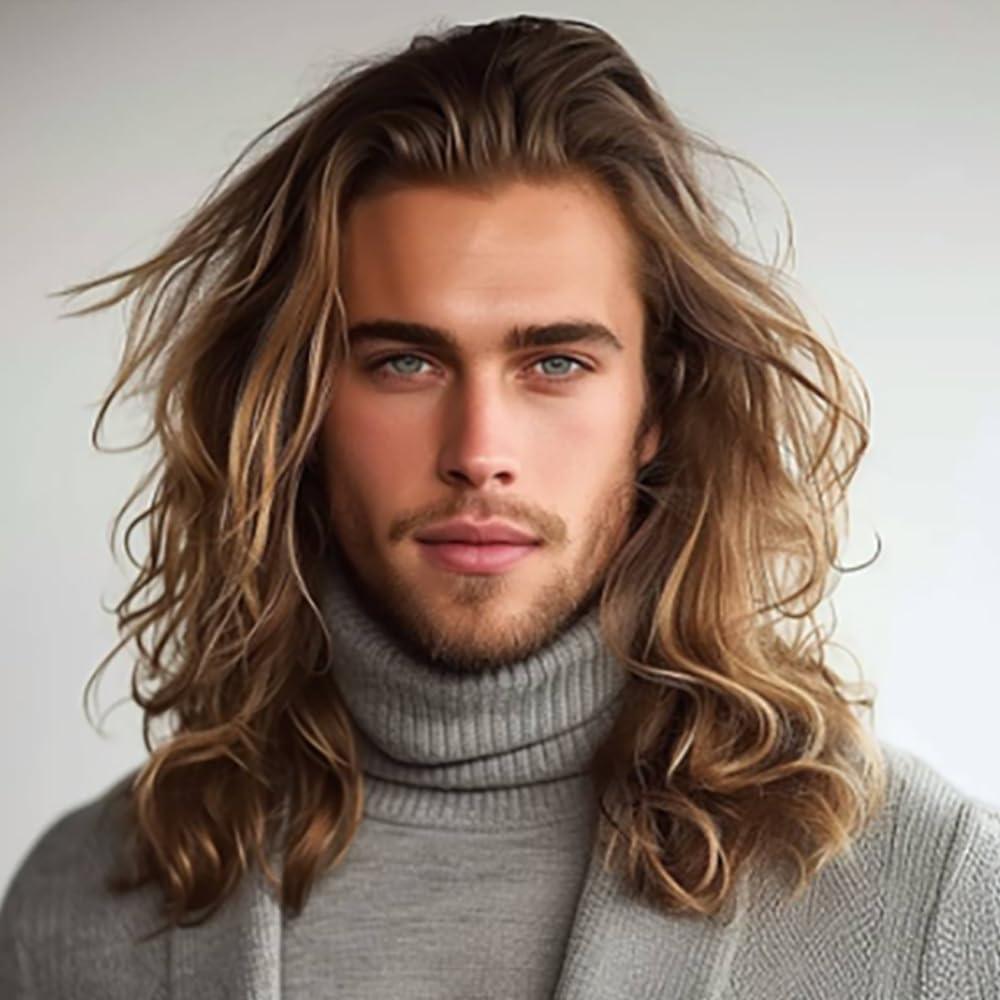 Long Wavy Brown Wigs for Men Synthetic Heat Resistant Cosplay Halloween Costume Wig, Light Brown