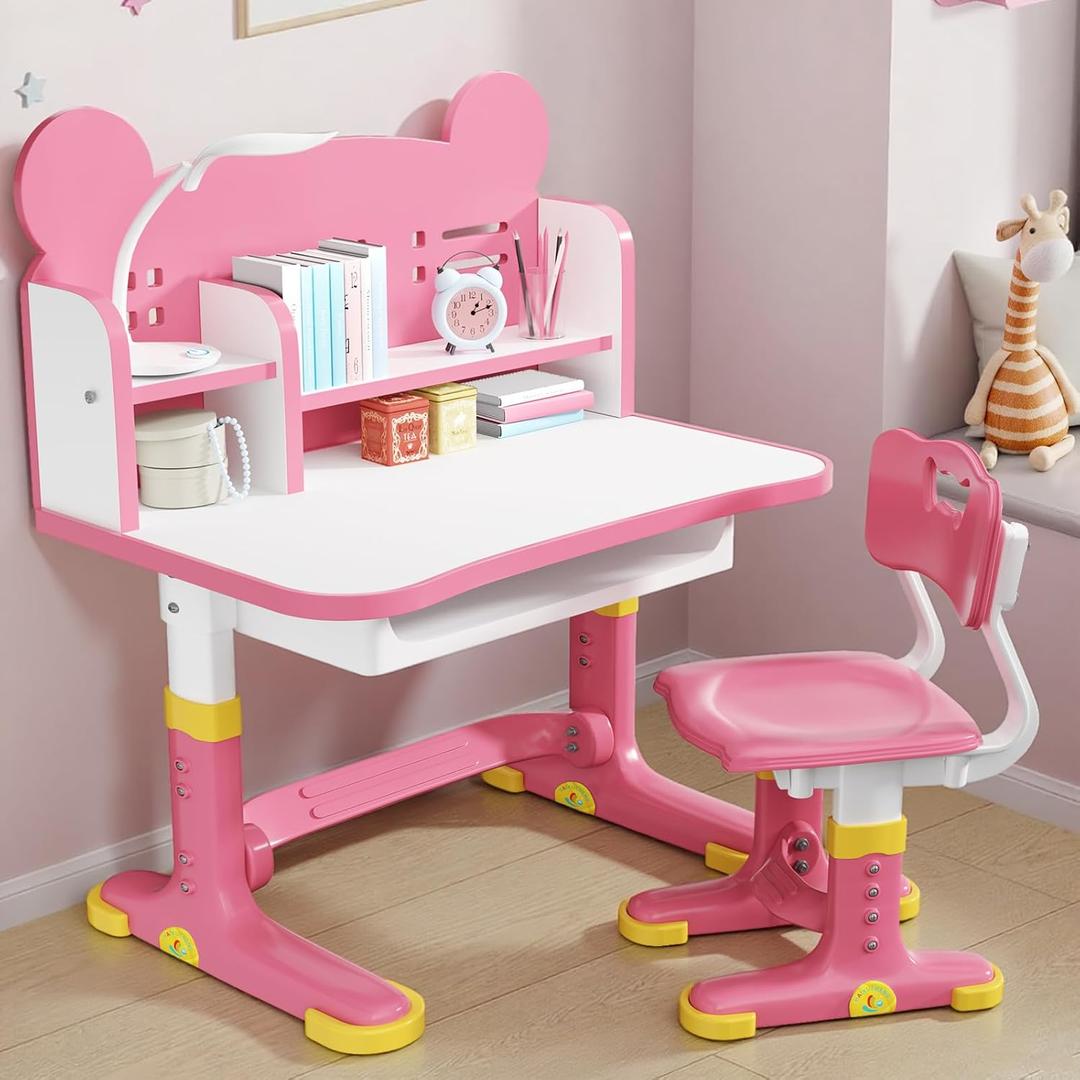 Kids Desk and Chair Set, Height Adjustable Child's School Study Writing Tables, Kids Desk with Bookstand and Storage Drawer, Widened Desktop with Desktop for Boys and Girls (Pink-F)