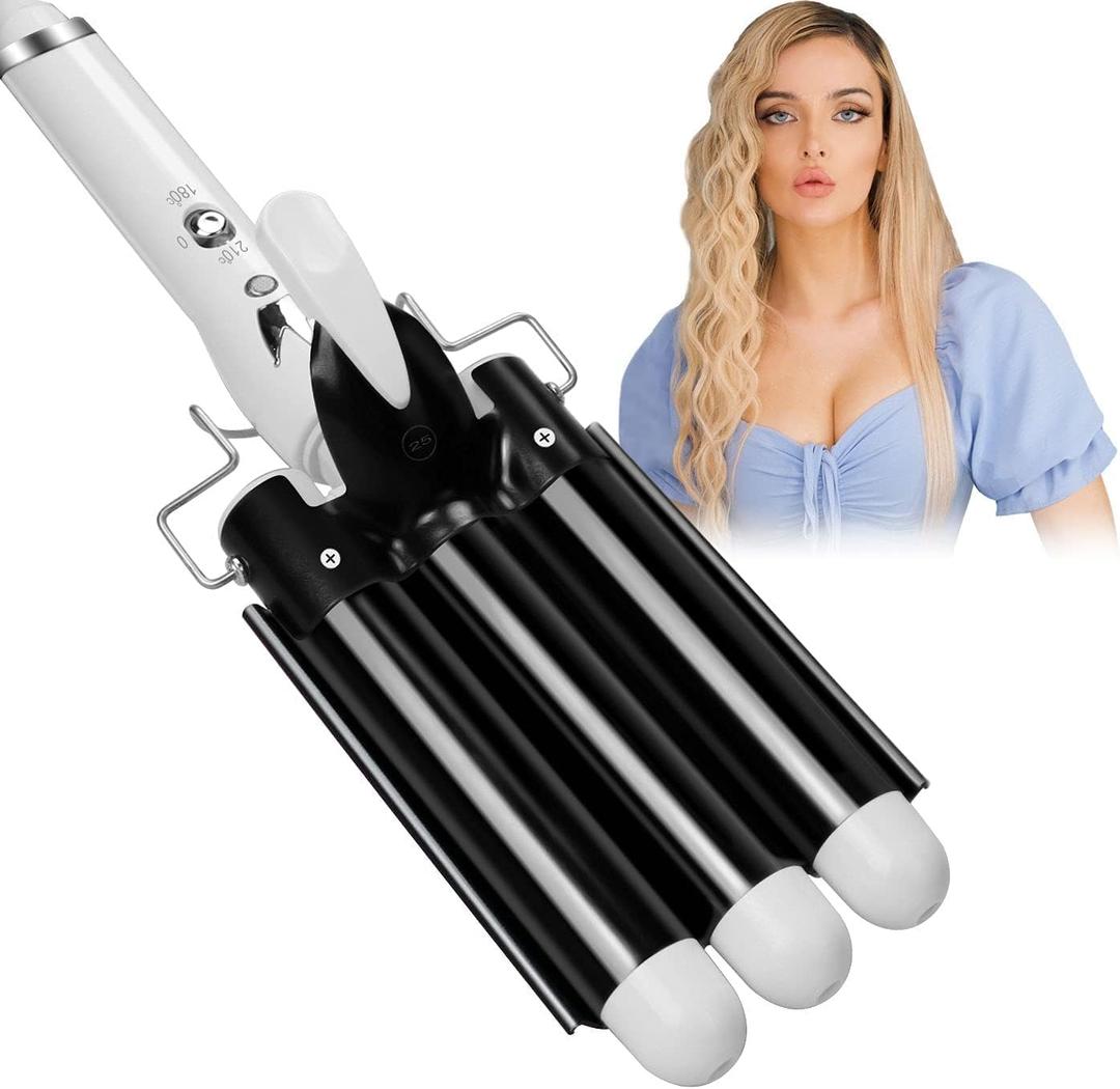 Three Barrel Curling Hair Crimper: Aleath Dual Voltage Crimper Hair Tool - 1 inch 3 Barrels Curler Iron Wand (Dark Black)