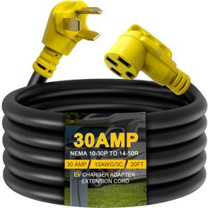 20ft EV Charger Adapter Cord - Compatible NEMA 10-30P to 14-50R, 30 Amp 3 Prong Dryer to 50 Amp 4 Prong EV Charging, Extension Cord with Handle, ETL Listed
